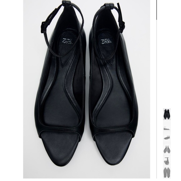 ZARA Flat Open Pointed Toe Black Leather Ballet Flats - Picture 9 of 11